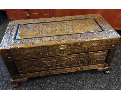 A vintage oriental hand carved panel trunk [47x88x42cm] 