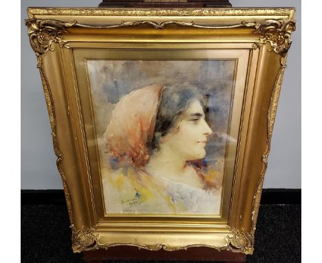 An original watercolour portrait titled 'Fiamella' by Forbinza Naples. Fitted within an ornate gilt frame. 