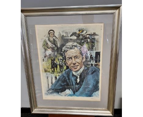 A limited edition [16/650] horse racing print titled 'A Portrait of Lester Piggot' Signed in pencil by himself. Signed by the