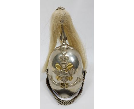 A Rare and Scarce 1871 pattern Fife and Forfar light horse helmet. Horse hair and spike top, Comes with tin helmet and carry 