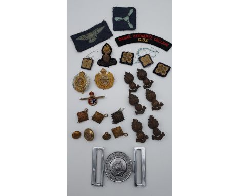 A Selection of various miliary cap and collar badges, patches, British Columbia Regiment belt buckle &amp; Artillery swagger 