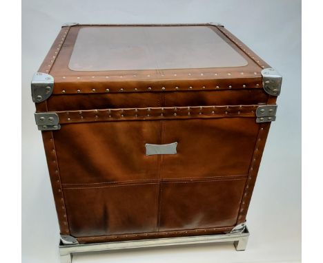 A Contemporary faux leather case/ trunk. Sat upon a chrome pedestal base. [As found to top] 