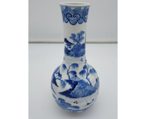 Early 20th century Chinese Kangxi Nian Zhi period marked blue and white vase. Hand painted detailing water and village landsc