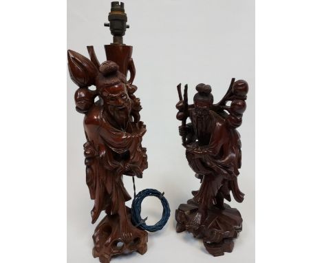 Two hand carved Root Wood Japanese/ Chinese Immortal figures. One is made into a table lamp. [50cm in height]