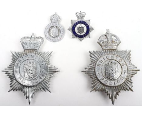 Four Brighton Police Badges, Kings crown chrome helmet plate, Queen crown chrome helmet plate, kings crown chrome cap badge (