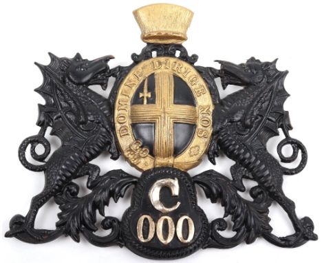 Obsolete City of London Police Helmet plate, black/gilt coat of arms, stay brite letter/numbers C 000 missing one lug fitting