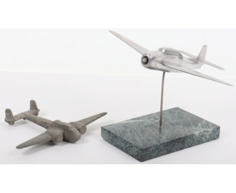 Desk Model of a WW2 Fighter Aircraft, produced in a light alloy and mounted onto a thin stand connected to a polished marble 