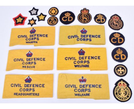 Selection of Civil Defence and Civil Defence Corps Insignia, consisting of embroidered First Aid proficiency badge, printed C