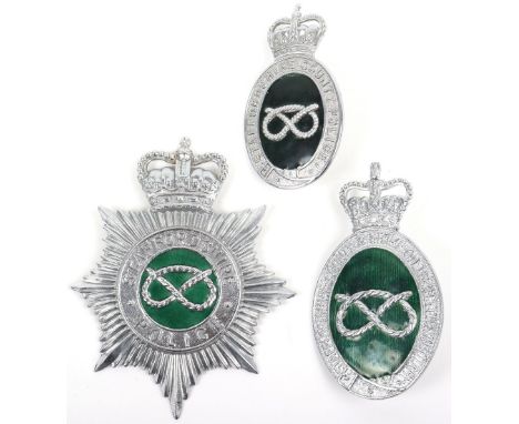 Three Staffordshire Police Helmet Plates 1. Queens crown, Staffordshire county police, chrome/dark green enamel oval badge, c