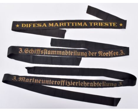 WW2 German and Italian Navy Cap Tallies, All are full length ,two German and one Italian. (3 items) 