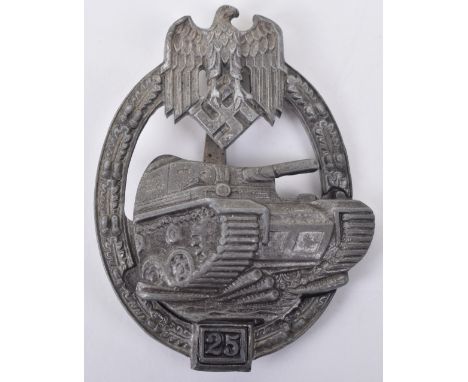 German Army / Waffen-SS 25 Engagements Panzer Assault Combat Badge by JFS, silver grade example with “25” to lower box. Compl
