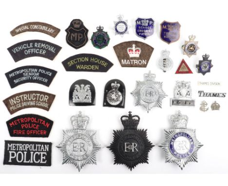 Quantity of Obsolete Metropolitan Police Badges, including: Queens crown, black star helmet plate, chrome fixed EIIR centre h