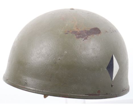WW2 1943 Royal Signals Marked Royal Armoured Corps Pattern Steel Combat Helmet, exterior with the original green combat paint