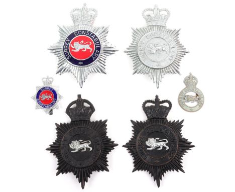 Obsolete Surrey Constabulary Police Badges, Kings crown, black star, chrome centre, night helmet plate, Queens crown, black s