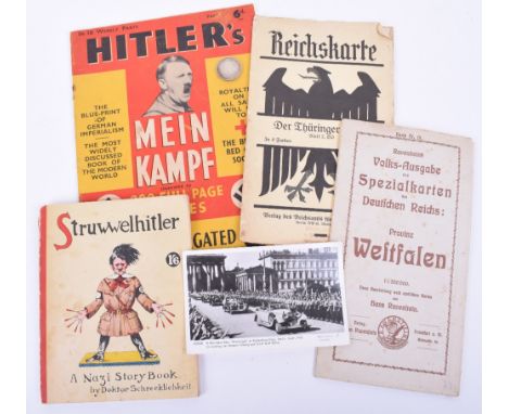 Adolf Hitler’s Mein Kampf, paperback weekly part by Hutchinsons; 2x German WW2 period road maps, Nazi period coin, postcard o