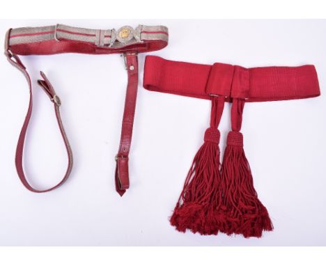 Victorian Officers Waist Belt, Sword Hangers and Crimson Waist Sash, the belt of red leather with silver braid lace brocade. 