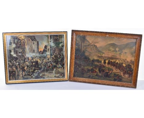 2x WW1 Framed and Glazed Pictures of German Battle Scenes, one showing German troops fighting French soldiers in a town and t