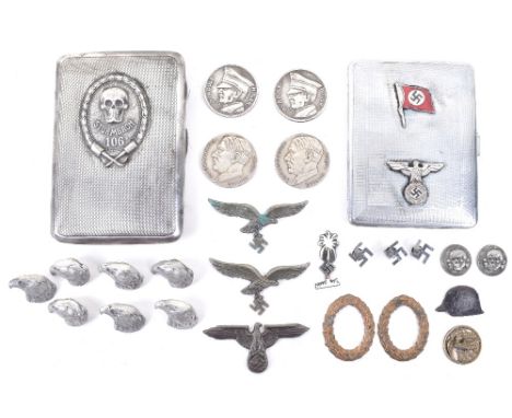 Third Reich NSDAP Cigarette Case, plated cigarette case having SA style eagle and enamel swastika flag mounted to the front; 