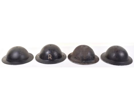 4x WW2 British Civil Defence Steel Helmets, all being black painted examples, three with variations of “R” or “RESCUE” to the