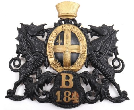 Obsolete City of London Police (1970 to 1980) Helmet plate, black/gilt  coat of arms, brass letter/numbers B184  with two lug
