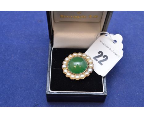 A late 19th Century jade cabouchon and half pearl cluster brooch, with engraved monogram to reverse.