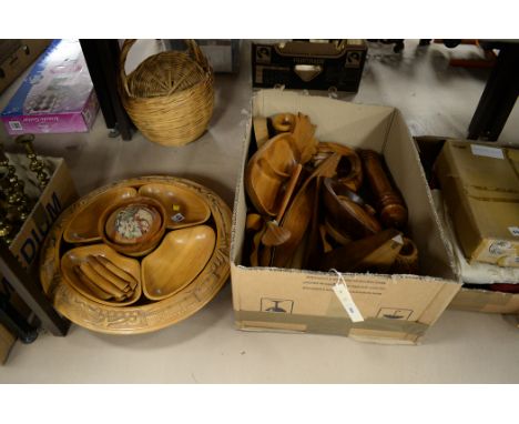 Wooden and carved items, to include: a carved Lazy Susan; serving dishes; pepper grinder and French wooden cased metronome.