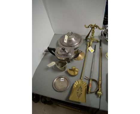 Silver plated, brass and other metalware, to include: a teapot; tureen; money box; fireside tools; and other items.