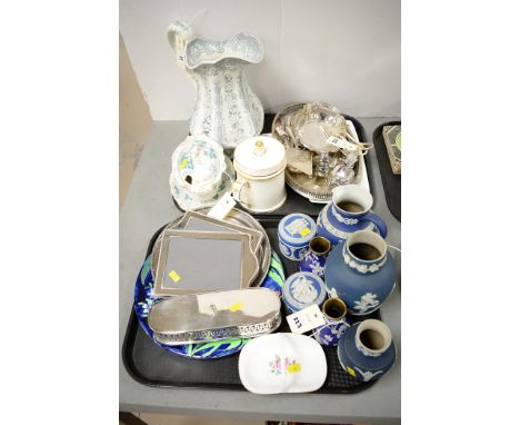 Silver-plated items, to include: trays; picture frames; condiments; and flatware; together with blue and white Jasperware vas