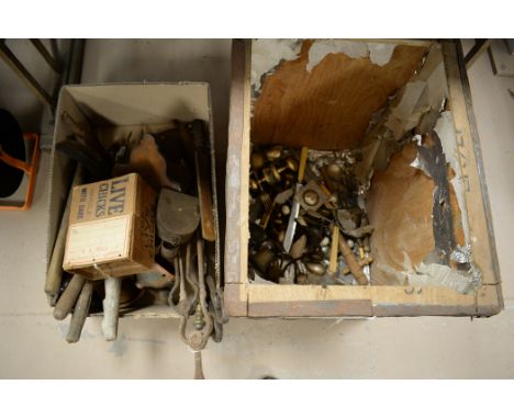 A tea chest of vintage hand tools, cutlery and metalware; together with another box of tools and metalware.