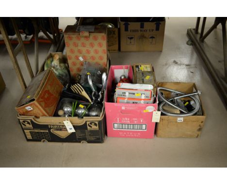 Three boxes of items, to include: a bench sander; vintage camera; clamps; power tool; travel iron; plumbing items; and a set 