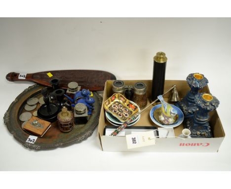 A Royal Crown Derby pin dish; a Worcester blue tit; a four draw telescope; and a small quantity of wooden and metal items.