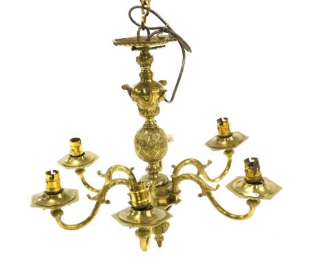 A heavy brass six branch pendant light fitting, with knopped stem and acanthus capped scrolling branches, terminating in hexa