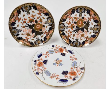 A pair of Royal Crown Derby porcelain Imari plates, circa 1883, printed and impressed marks, together with a further Royal Cr