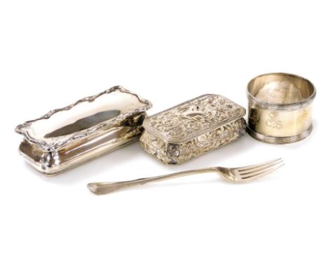 A group of small silver, comprising two rectangular dressing table boxes, one of plain form with a waved border to lid, Birmi