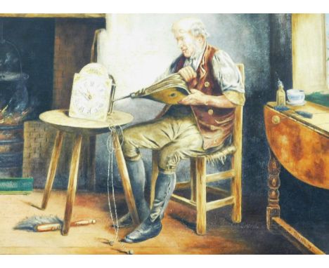 A. Johnson (early 20thC School). Study of a clock restorer, seated holding bellows beside a table with a long case clock face