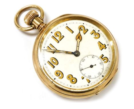 An early 20thC gentleman's gold plated pocket watch, open faced, keyless wind, circular enamel dial bearing Arabic numerals, 