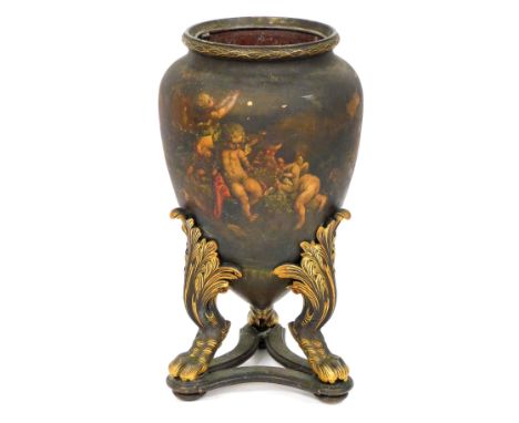A Continental terracotta wood and composition floor vase, with a tin liner, painted with Old Master scenes of putti, flowers,