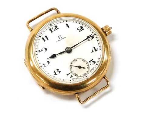A George V Omega 9ct gold cased wristwatch, circular enamel dial bearing Arabic numerals, subsidiary seconds dial, fifteen je