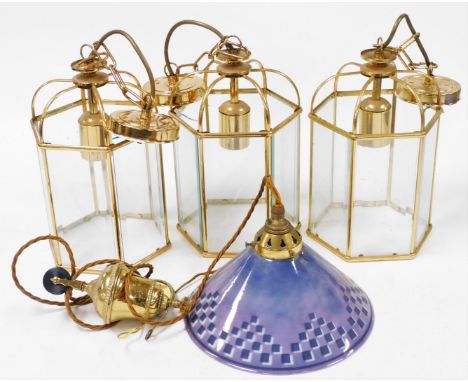 Three hexagonal pendant hanging light fittings, 45cm high overall, together with an opaque glass light fitting, of tapering f