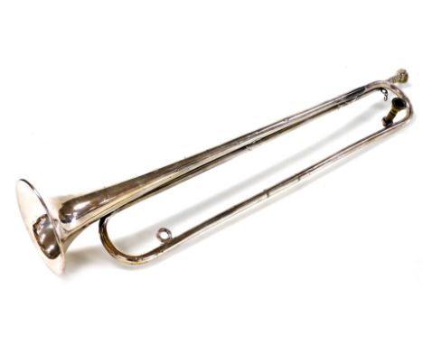 A Boosey and Co of London silver plated bugle horn, with two mouth pieces, 72cm long.  