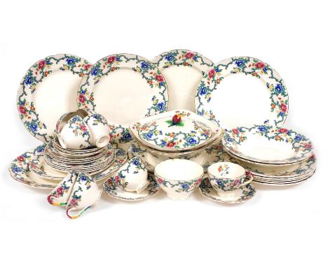 A Royal Cauldon Victoria pattern pottery part dinner and tea service, including vegetable tureens, dinner, soup and dessert p