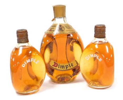 Three bottles of Dimple old blended Scotch whisky, 21cm high (1), and 17cm high (2).