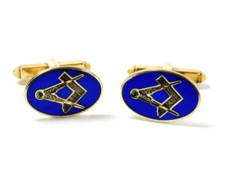 A pair of 9ct gold and blue enamel Masonic cufflinks, engraved with a set square and compass, boxed, 7.3g. 