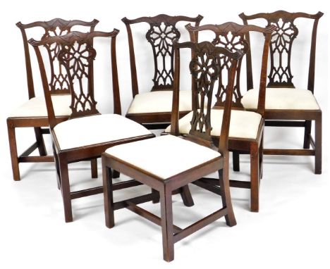 A set of six 19thC Chippendale style mahogany dining chairs , each with a pierced Gothic style splat, a drop in calico seat o