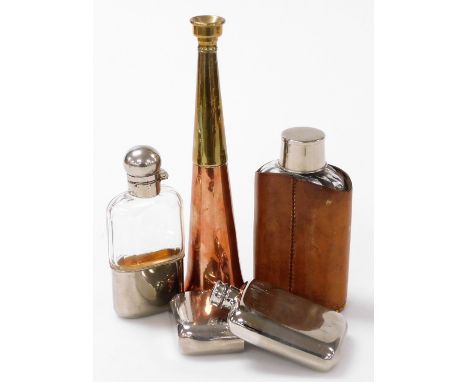 A cut glass and leather bound hip flask, further two hip flasks, and a copper and brass hunting horn. (4) 