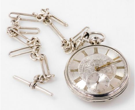 A William IV gentleman's silver cased pocket watch, open faced, key wind, circular dial engraved with a village landscape, ch