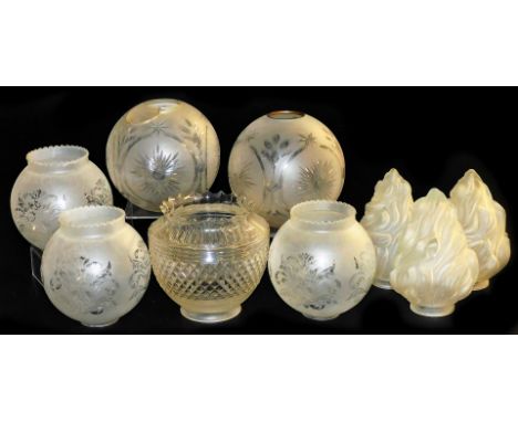 Nine lamp or light shades, including a cut glass oil lamp shade, and other frosted glass shades. 