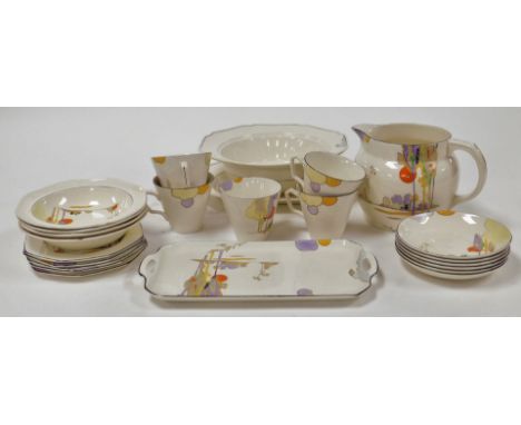 A Tams Wear Art Deco Woodland pattern pottery part tea service, comprising five teacups, six saucers, four breakfast bowls, f
