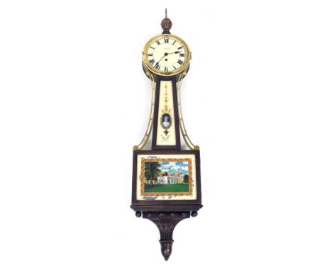 An American Waltham banjo shaped wall clock, with painted dial, the mahogany case mounted with polychrome painted verre eglom