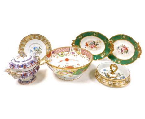 A group of 19thC English pottery and porcelain, including a sauce tureen cover and ladle, pair of porcelain dessert dishes pa